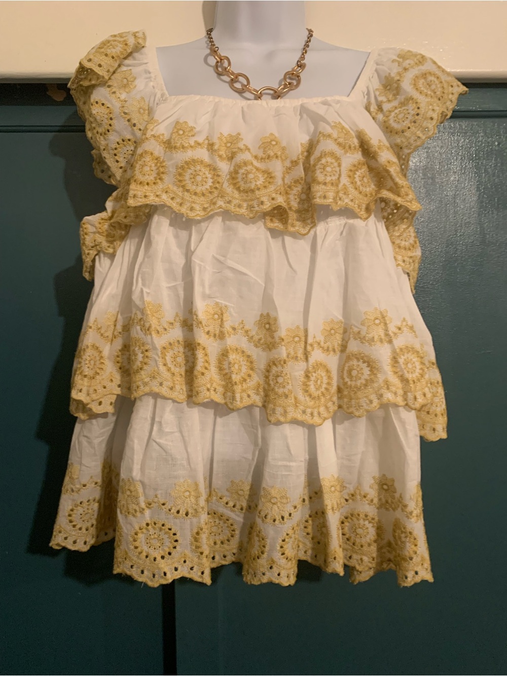 White Cotton Tiered Eyelet Top with Yellow Embroidery